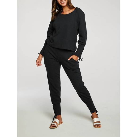 NEW CHASER cashmere fleece lace up blouson sleeve raglan pullover in true black - Picture 1 of 2